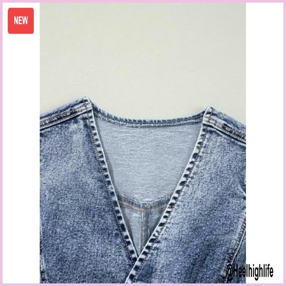 Women's Denim Vest Sleeveless V Neck Button Down Crop Waistcoat - Picture 8 of 8